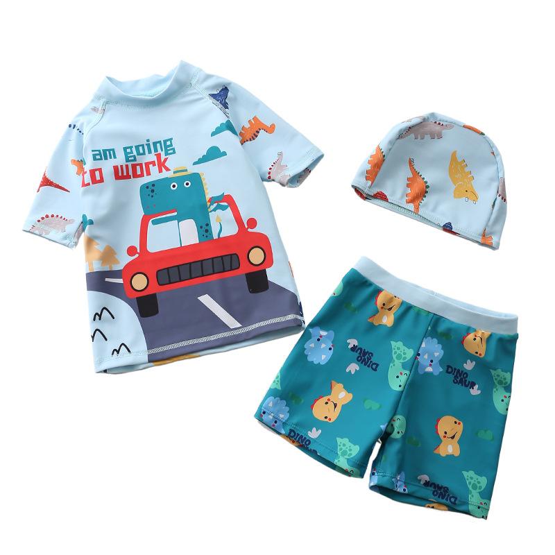 Boys Three Piece Swimsuit Set Short Sleeve Rash Guard Swim Shirt Swim Shorts and Swim Cap Cartoon Dinosaur Print Sun Protection Swimwear