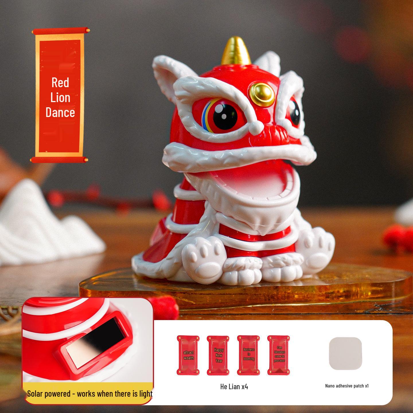 Solar-Powered Lion Dance Car Ornament - Chinese Style Decorative Festive Gift 9*9*12cm