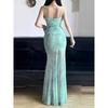 Light green butterfly print mesh suspender dress women's summer seaside vacation fishtail hip wrap long skirt