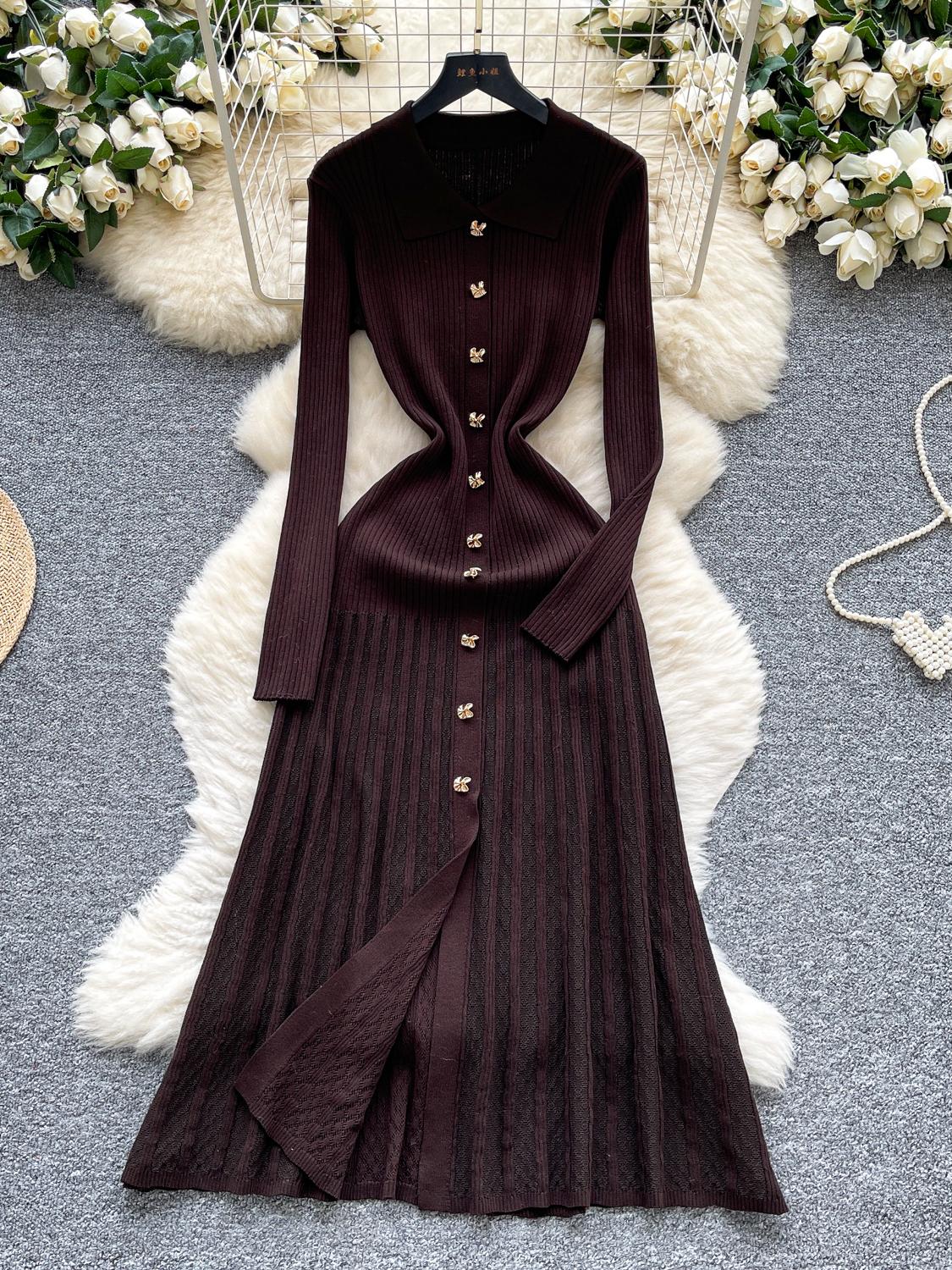 

Французское ретро платье с отложным воротником, длинными рукавами и металлической пряжкой для женской осени, приталенное, вязаное, длинное One Size кофейный