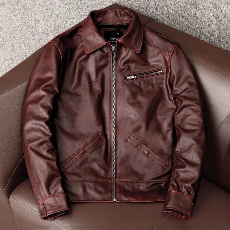 

Mens Vintage Waxed Genuine Leather Jacket Slim Fit Short Biker Coat Retro Brown 4XL