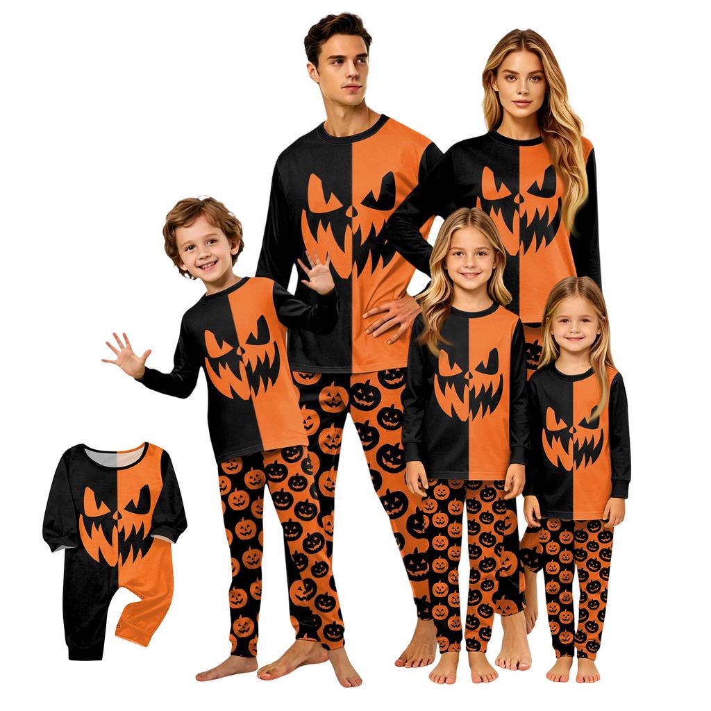 Family Matching Halloween Pajama Set - Long Sleeve Top and Long Pants with Round Neck for Women and Kids