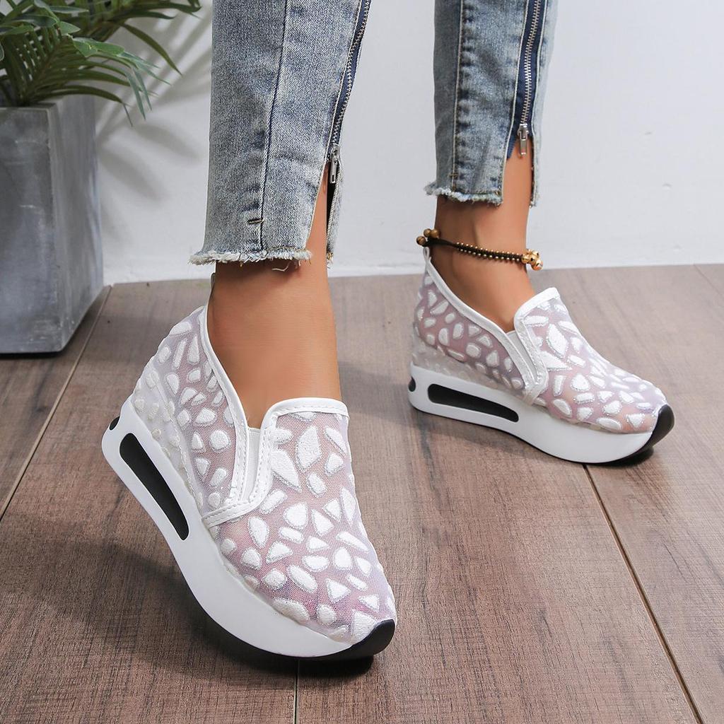 Women's Korean Style Breathable Mesh White Slip-On Mid-Heel Platform Casual Shoes