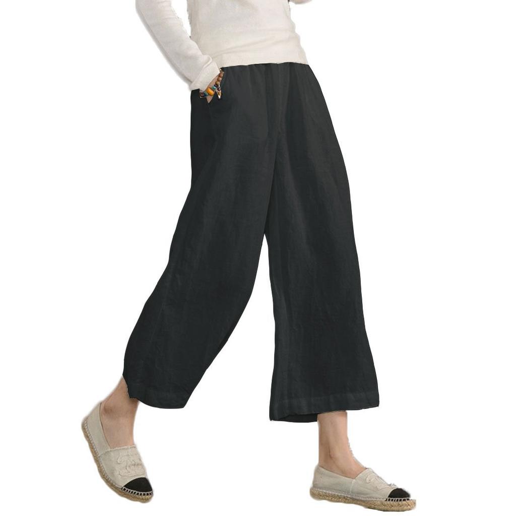 2026 New Women's Linen Cotton Wide Leg Pants, Elastic Waist Cropped Culottes for Spring Summer Casual Wear