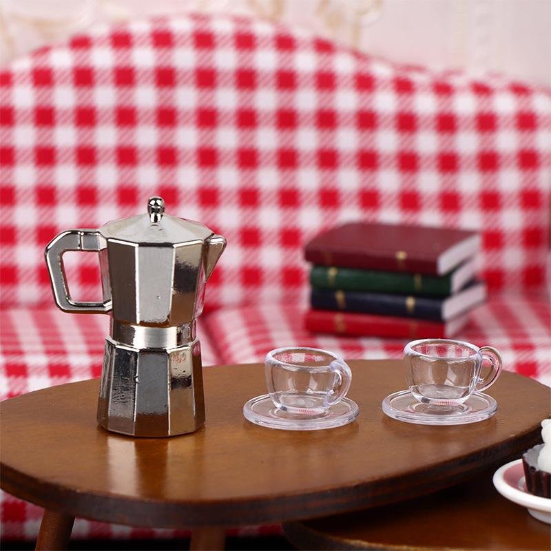 1Set 1:12 Dollhouse Miniature Coffee Pot Metal Kettle Moka Pot W/Cup Tray Kitchen Home Model Decor Toy Doll House Accessories