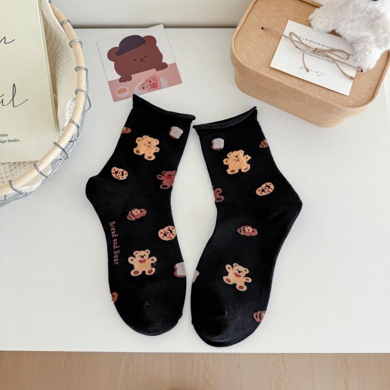 

Ladies Spring New Cute and Versatile Cartoon Bear Rolled Edge Loose Mouth In The Tube Socks 1 pair чёрный
