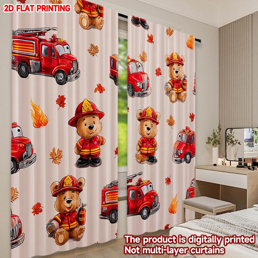 2D flat printing 2pcs Party Window Curtains Cute Bear Firefighter Digital Printed Polyester Drapes Festive Holiday for Photo