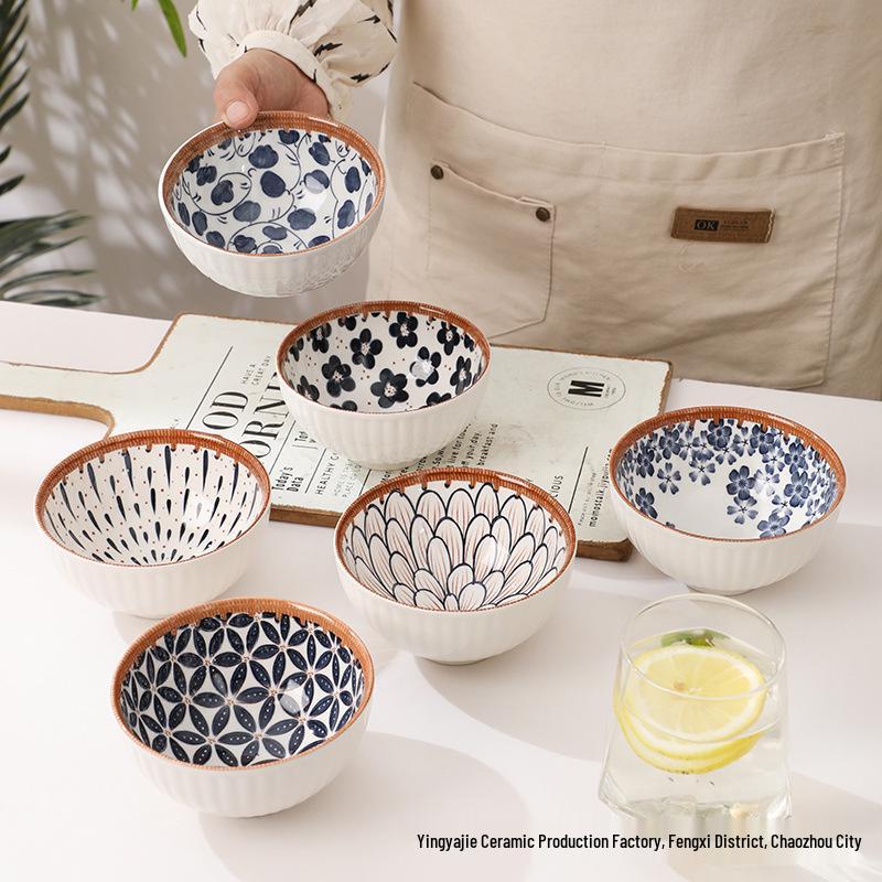 Japanese Style Underglaze Porcelain Rice Bowl Set - Microwaveable Ceramic Tableware for Households & Gifts