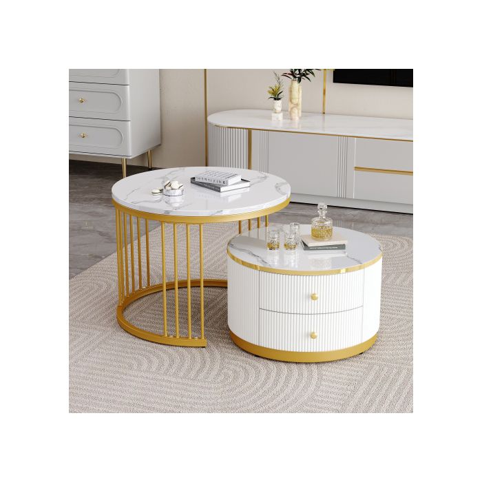 Table basse - MUVOE - Ensemble de 2 tables rondes - Blanc - Aspect marbre brillant - 2 tiroirs
