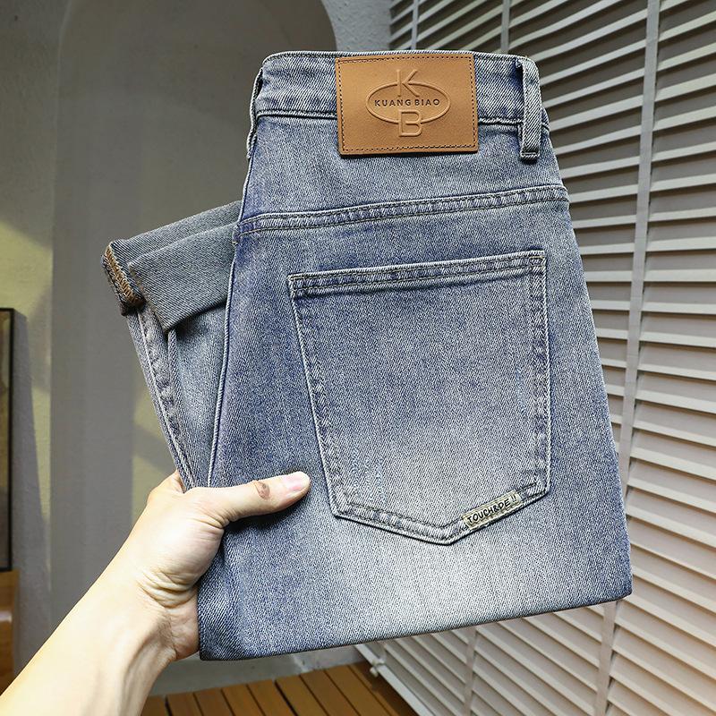 

Весенние светло-голубые рваные эластичные брюки-девятиточки для мужчин 38