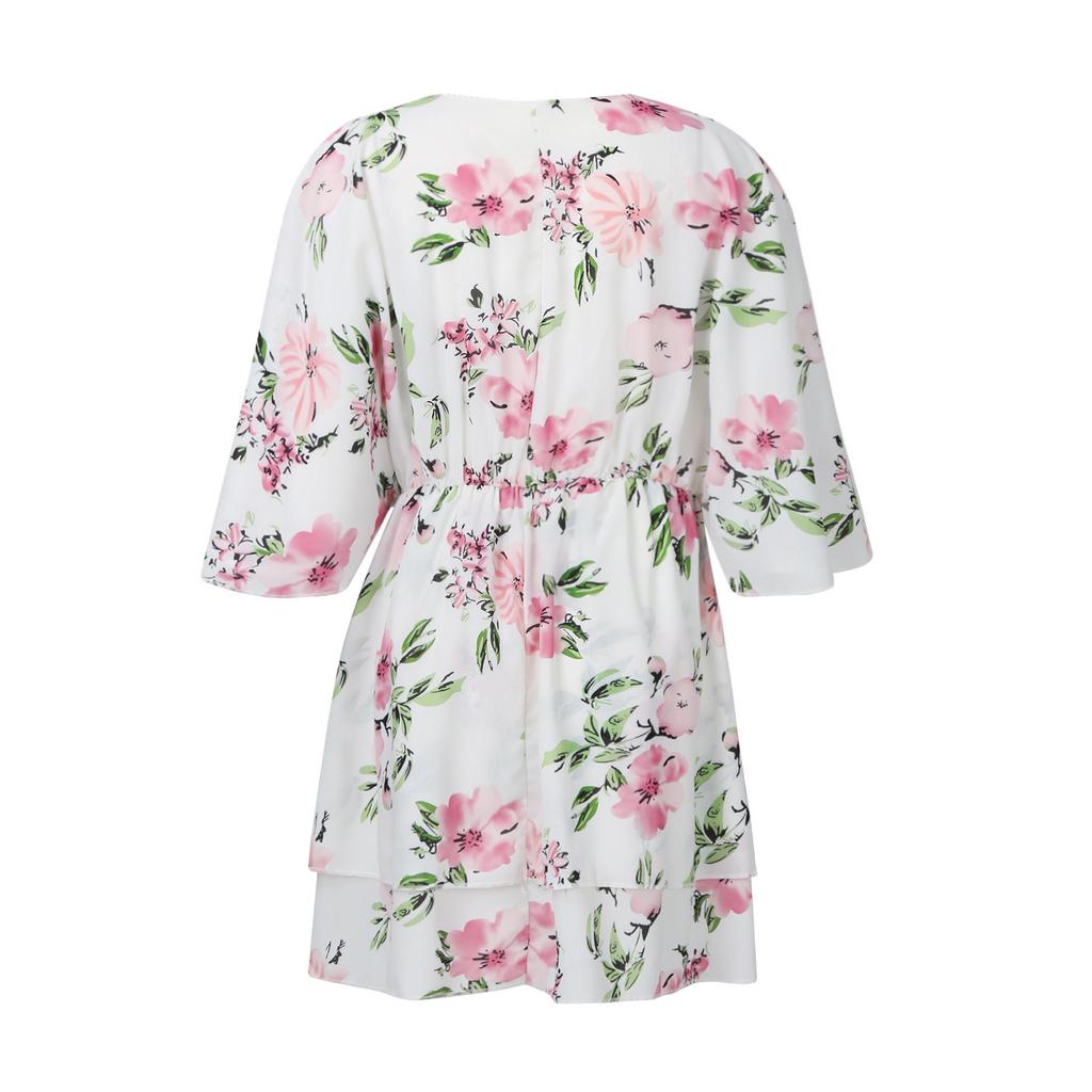 Women's V-Neck Loose 3/4 Sleeve Elastic Waist Printed Dress Dress Unpositioned Printing