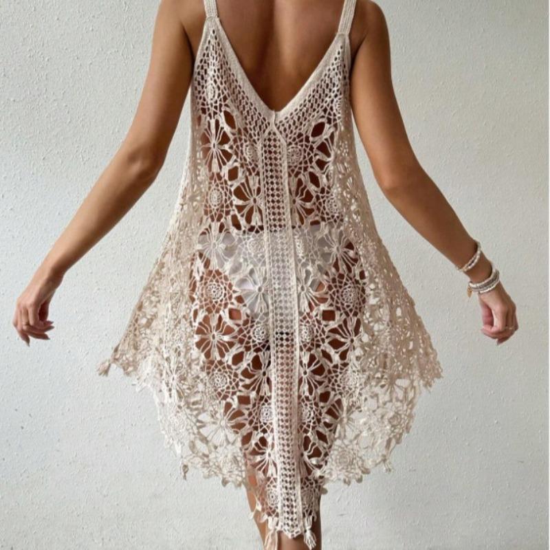 Wind Crochet Cut-Out Beach Skirt Women'S V-Neck Suspender Resort Dress Sexy Knit Cover-Up