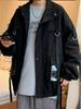 Men's Trendy Solid Color Workwear Jacket with Lapel and Large Pockets for Spring/Autumn.