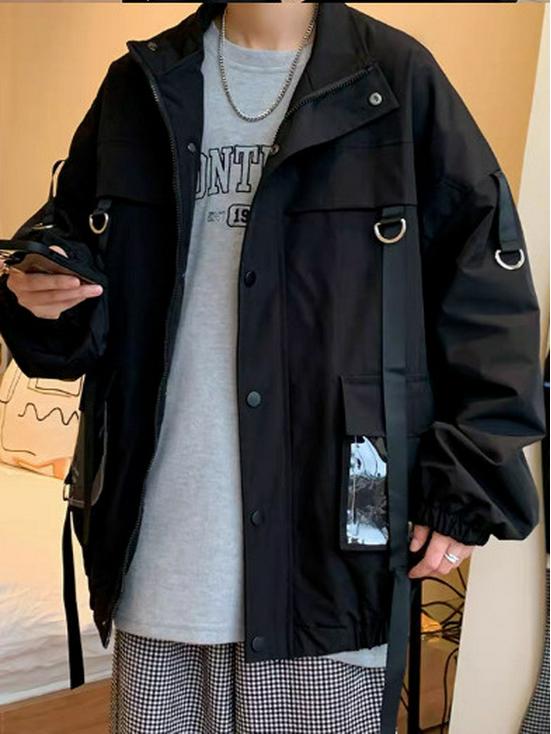 Men's Trendy Solid Color Workwear Jacket with Lapel and Large Pockets for Spring/Autumn.