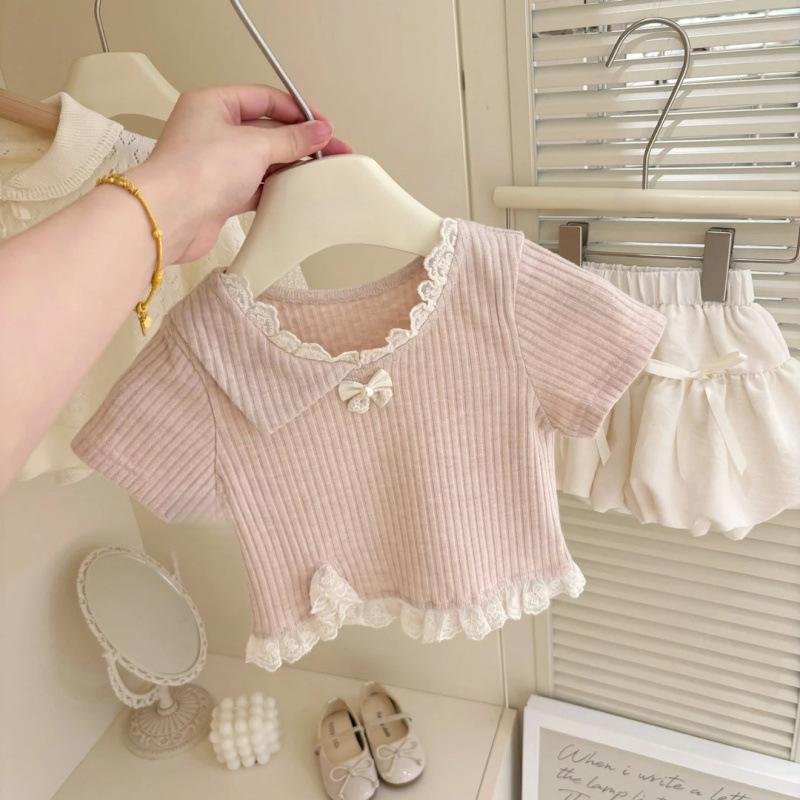 Girls Summer Korean Sweet Pink Short Sleeve T Shirt And Bud Pants Two Piece Set 80
