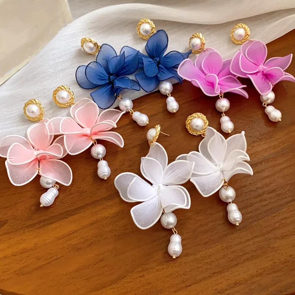 Pearl Pedant Beach Earrings Sweet Petals Stud Earrings Mesh Flower Dangle Earrings  Ladies/Girls