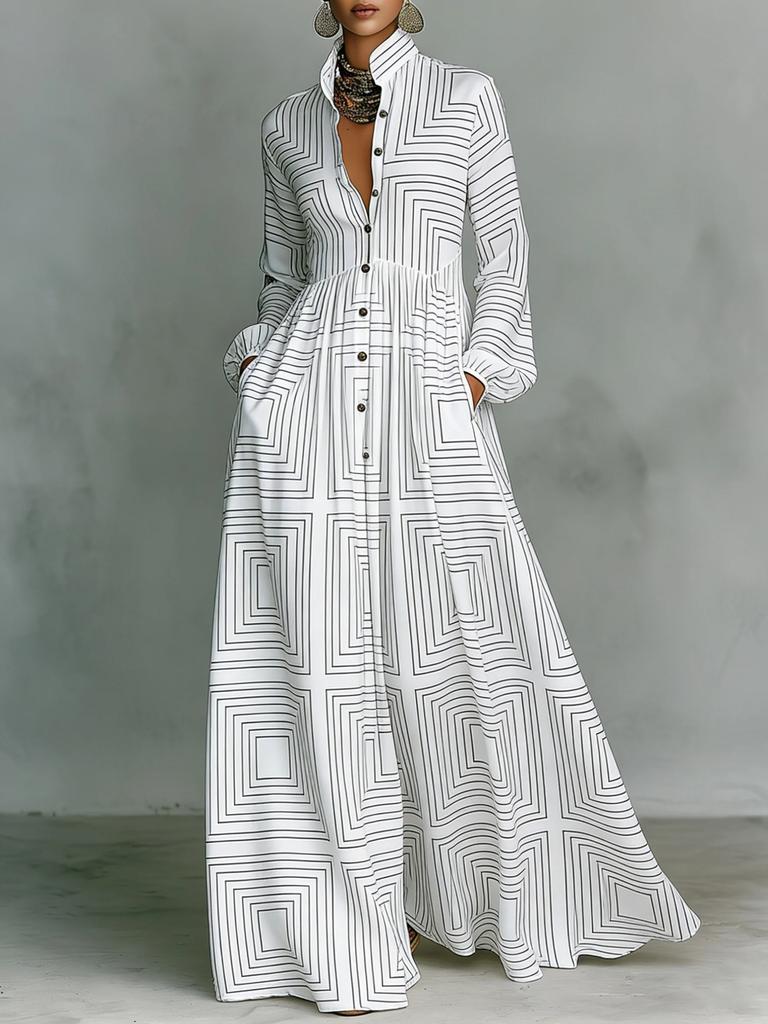 Women's Floral Print Maxi Shirt Dress Long Sleeve Button Front Casual Flowy Dress