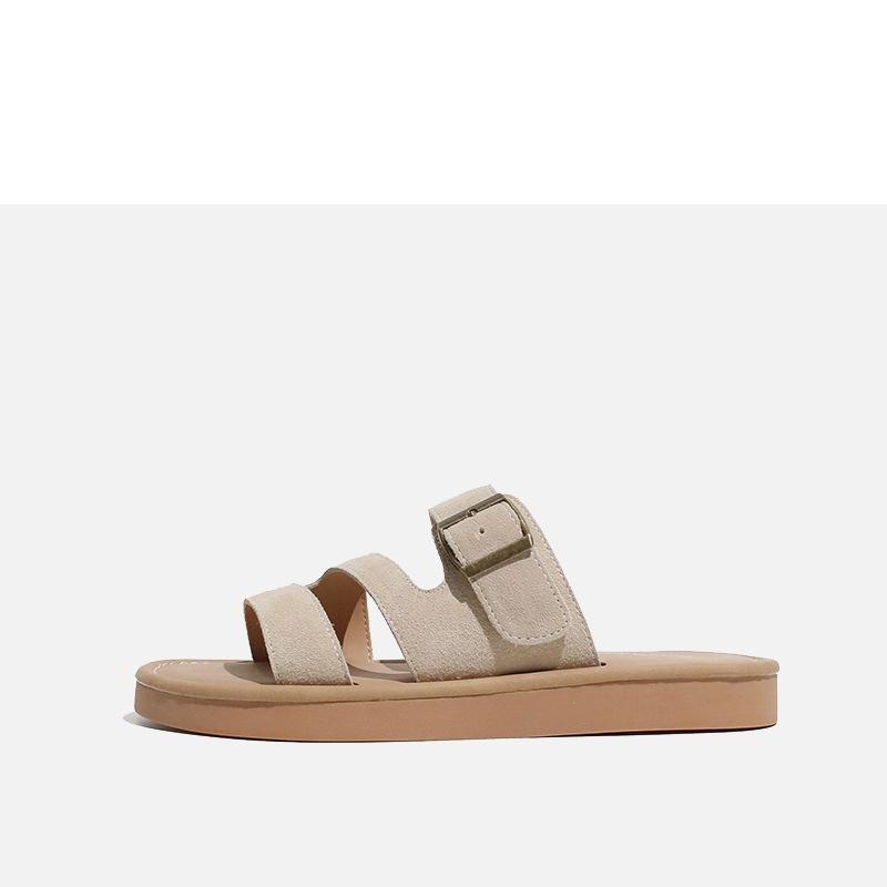 Soft-faced Flat-bottomed Slippers for Women's Summer Outer Wear 2025 New Versatile Belt Buckle Leather Casual Non-slip Soft-bottomed Sandals