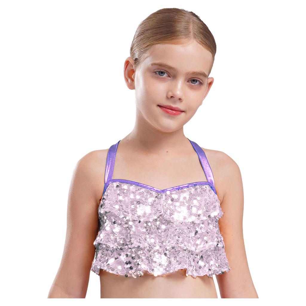 Jazz-Tanz-Outfit für Mädchen, glitzerndes, gestuftes Rüschen-Crop-Top, metallische Culottes für Bühnenauftritte