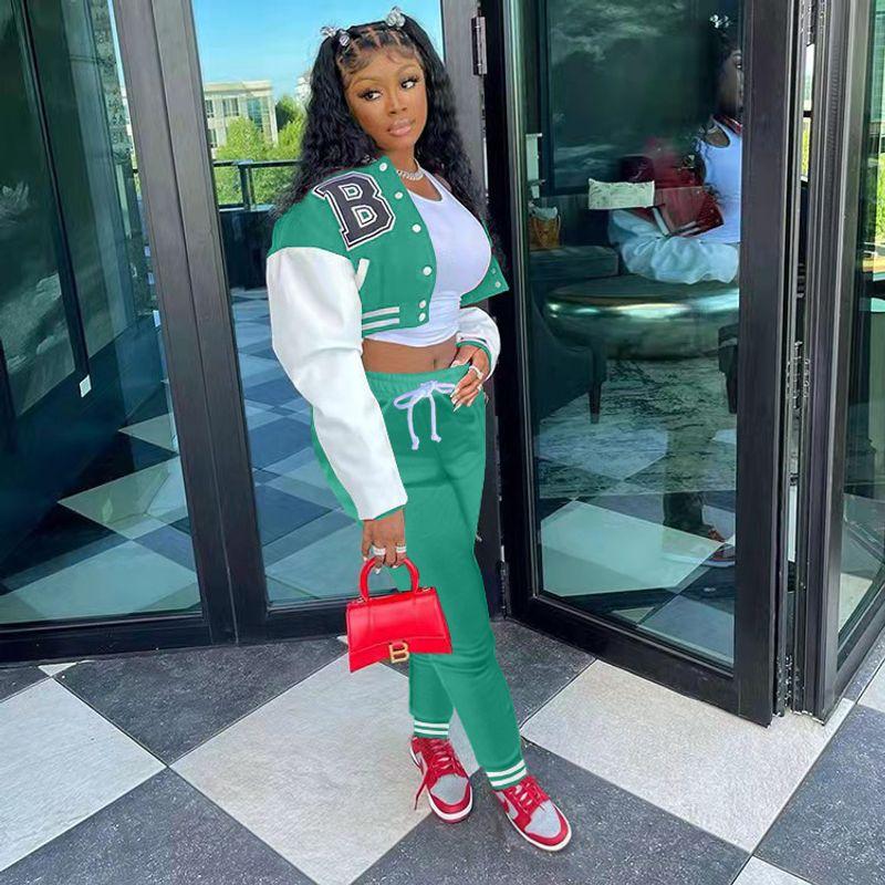 

Stand Collar Single-Breasted Letter Color Matching Baseball Uniform Jacket Mint Green L