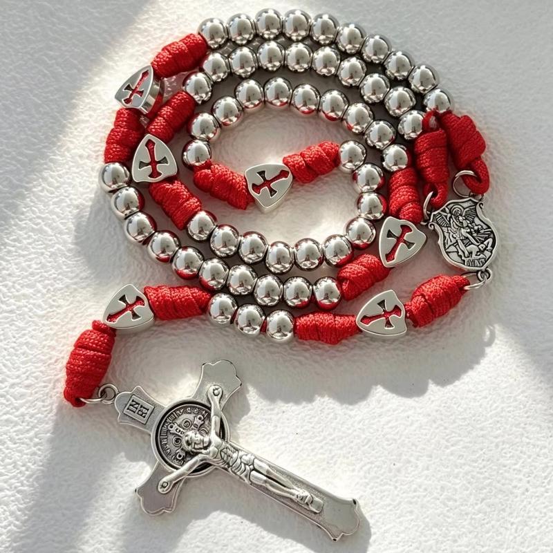 Paracord Rosary Red Rope Stainless Steel Beads St Michael Medal St Benedict Crucifix Jerusalem Cross Beads Prayer Rosar
