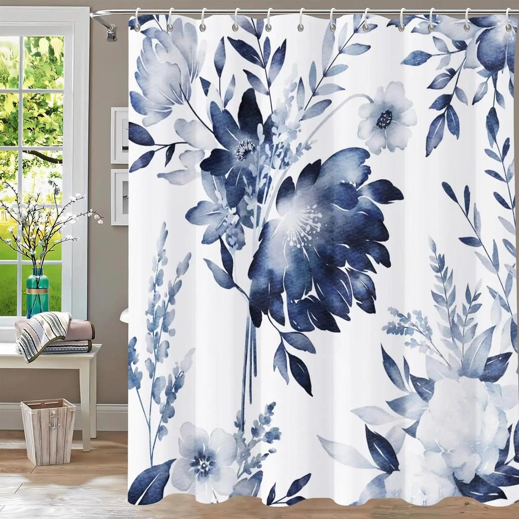 Bathroom Fabric Shower Curtain Waterproof Green Washable Watercolor Leaf Top Plant Bathroom Shower Curtain with Flowers