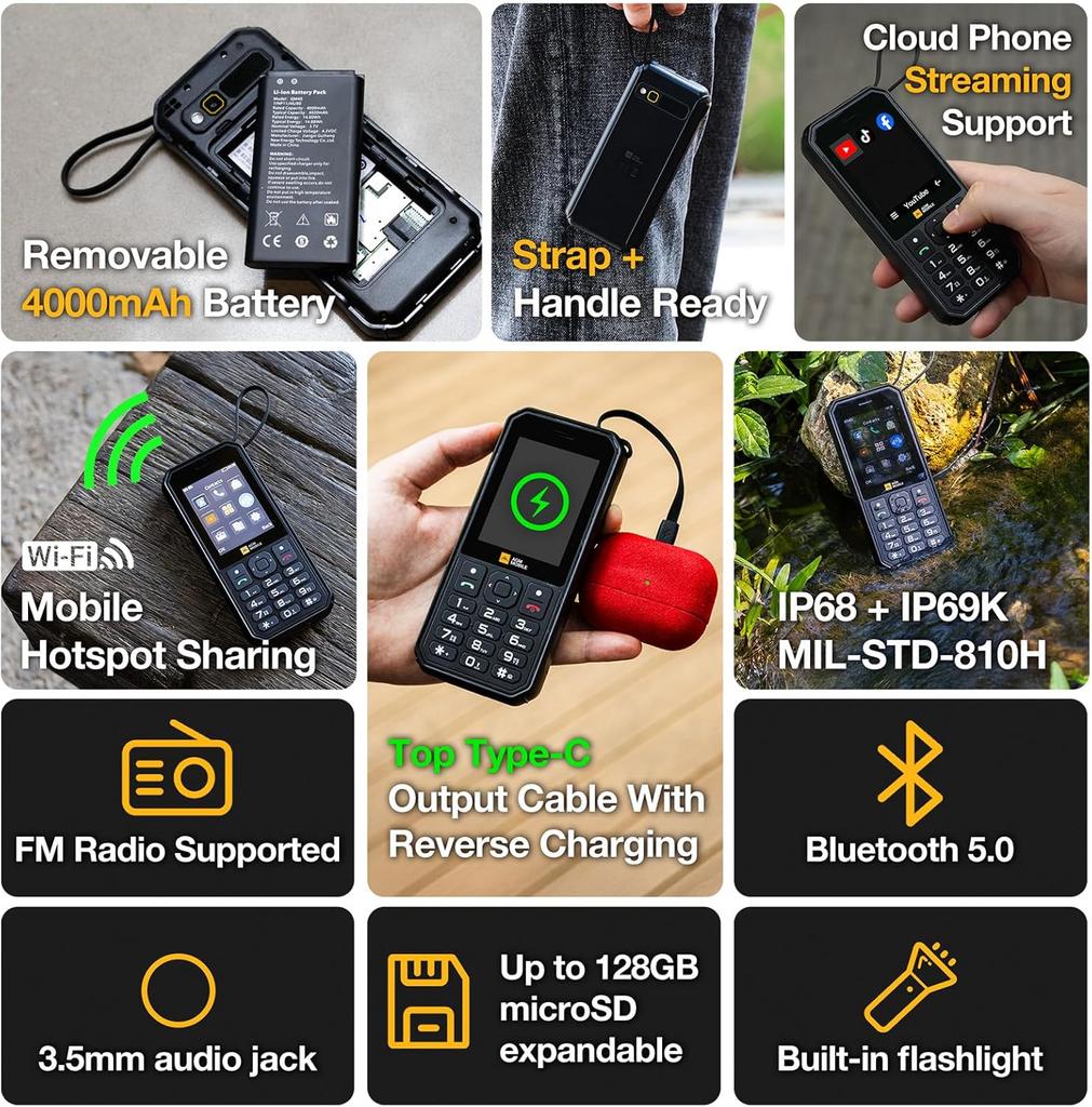 AGM M11 Rugged Feature Phone with Mobile Hotspot, 4G Mobile Phones, Large Buttons, 48MB 128MB,2.8inch,4000mAh
