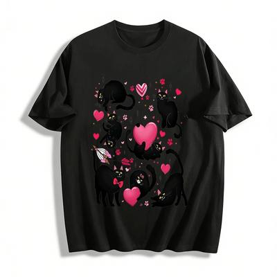 Cute Black Cat Heart Print Casual Couple T-Shirt Pure Cotton T-shirt