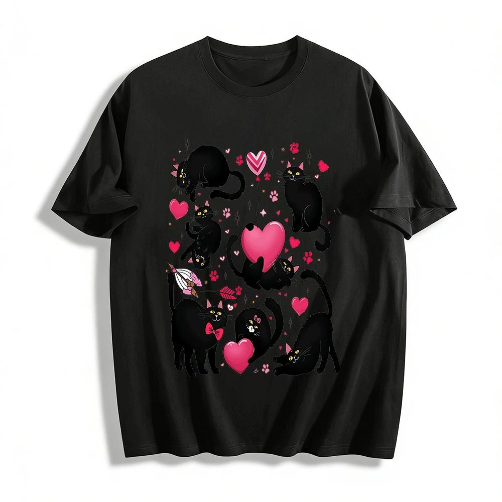 Cute Black Cat Heart Print Casual Couple T-Shirt Pure cotton T-shirt XXS