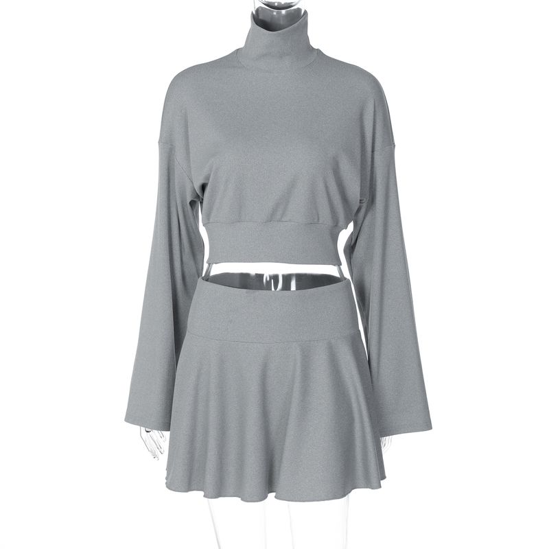 

Gusty Street Shot Fancy Sexy Style Half Turtleneck Batwing Sleeve Waist Tight Short Top Long Sleeves T-shirt + A- line Skirt Gray L
