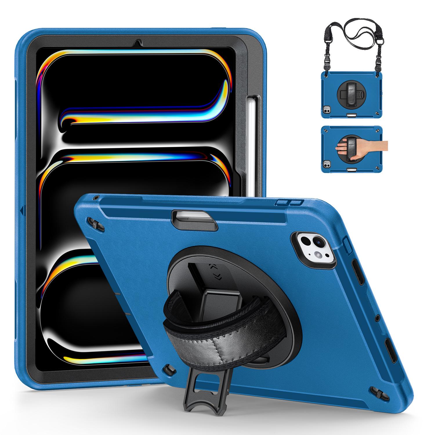 

Для iPad Про 13 (2024) Противоударный чехол-подставка из ПК+ТПУ с плечевым ремнем Blue