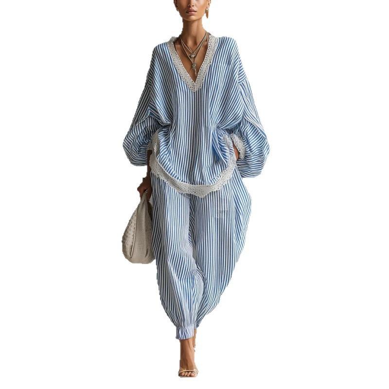 Women's Blue White Stripe Lace Loose Suit Casual Long-sleeved Wide-leg Pants Two-piece Set