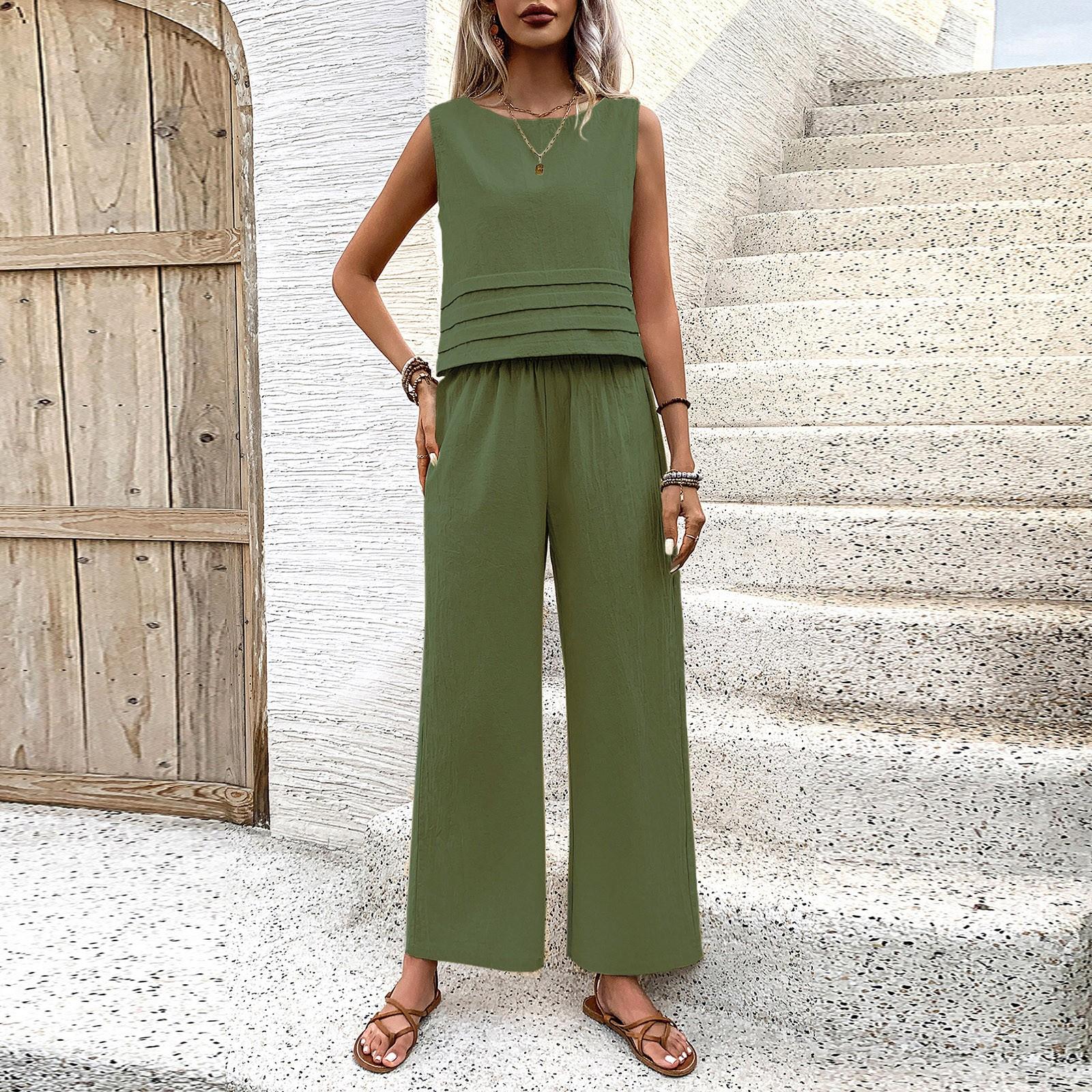 

Женский модный повседневный однотонный короткий топ без рукавов с эластичной резинкой на талии, комплект из двух предметов L армия зеленый