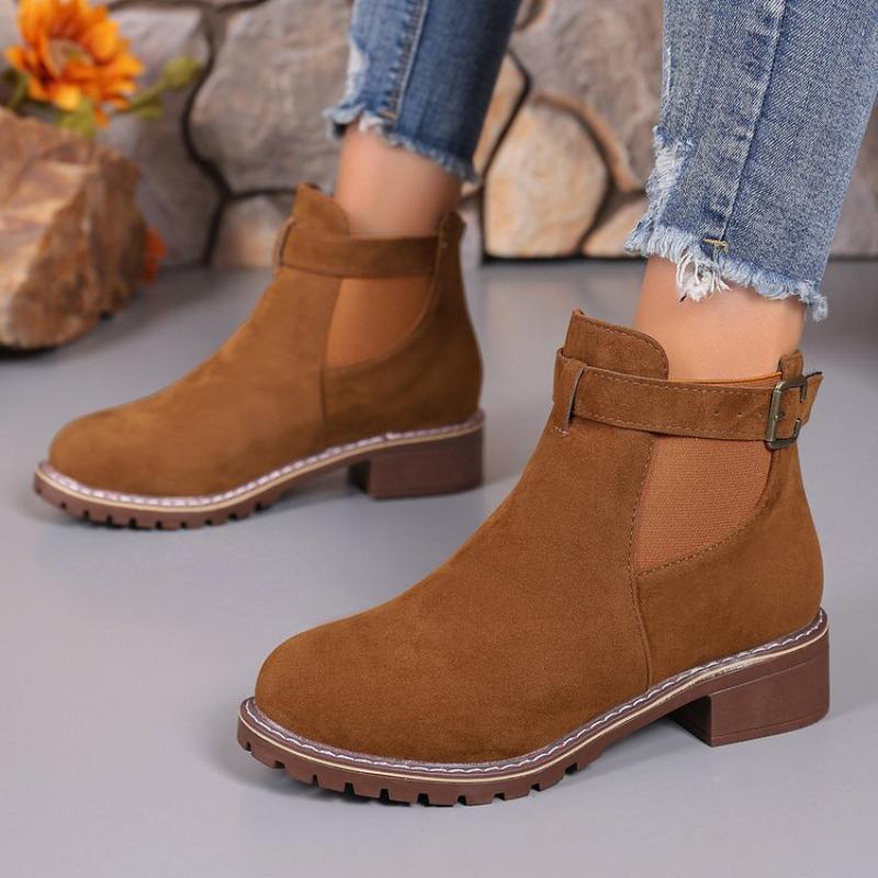 Autumn and winter new women's Martin boots elastic belt buckle round head square heel medium boots women's shoes