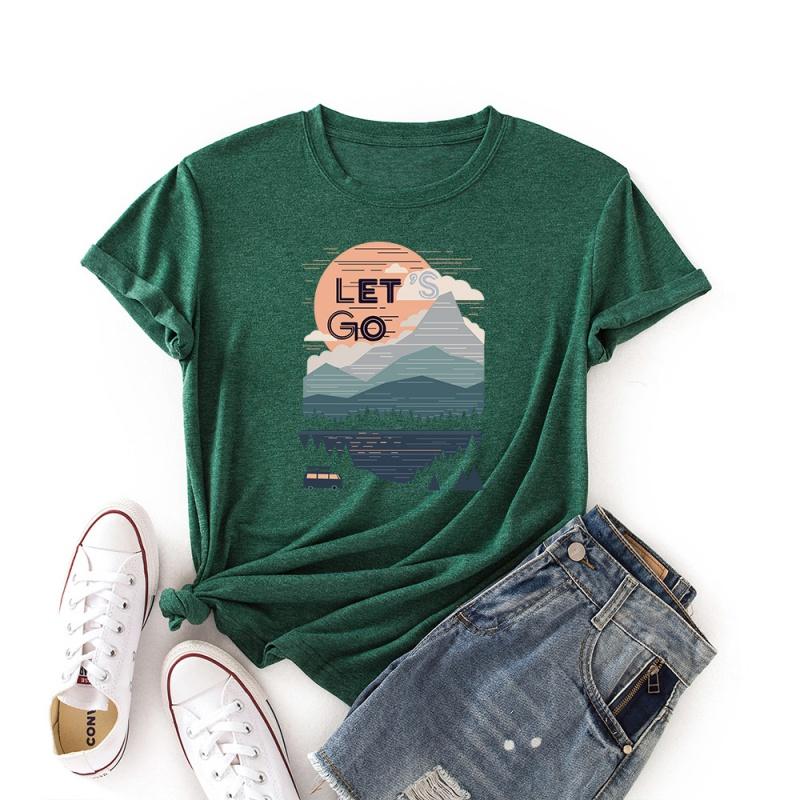 LingMeng Casual Fashion Creative Summer Sunrise Women's T-shirt Sunset Print Pattern Round Neck Loose Women's Tops Enjoy Life