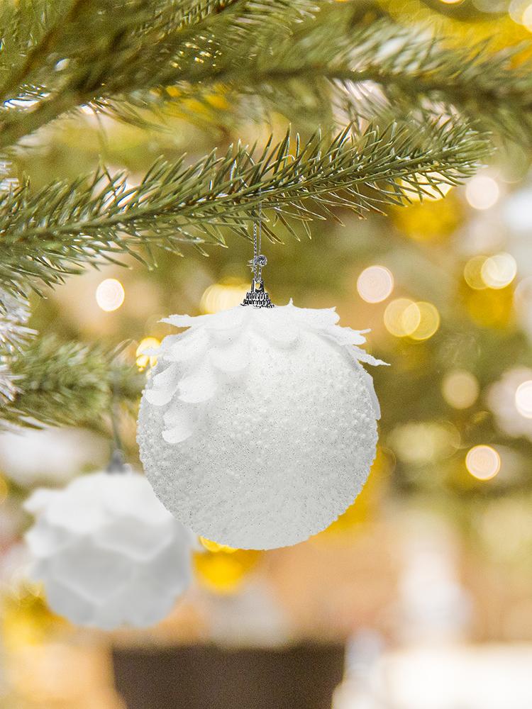 White Glitter Foam Balls Hanging Flower Petal Ball Ornaments for Xmas Tree Decoration
