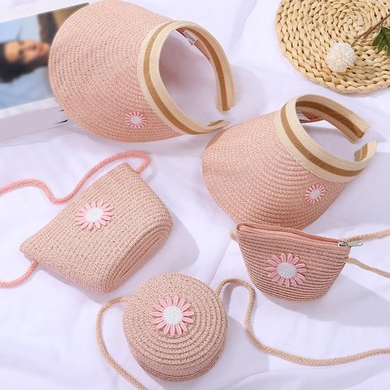 Children Shoulder Bag Straw Woven Flower Decor Pastoral Style Crossbody Bag Zipper