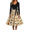 Women Long Sleeve V Neck Dress Vintage Halloween Print Midi Dress with Waist Tie Retro Casual Fit and Flare Dress for Daily Wear
