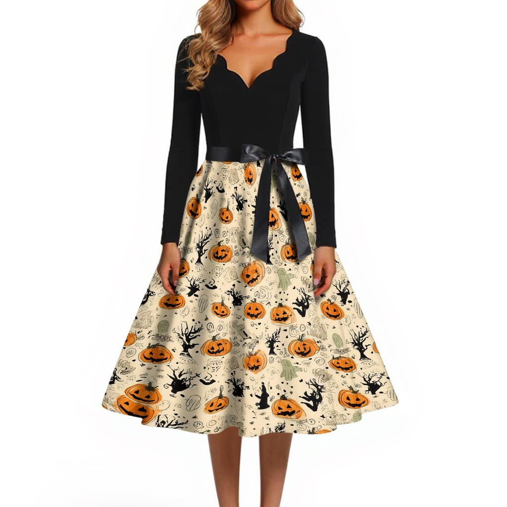 Women Long Sleeve V Neck Dress Vintage Halloween Print Midi Dress with Waist Tie Retro Casual Fit and Flare Dress for Daily Wear