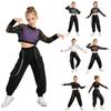Dívčí 3dílný outfit: Bezruká vesta s křížením na zádech, cargo kalhoty a síťovaný dlouhý crop top pro cvičení, hip-hop, jazzový taneční výkon