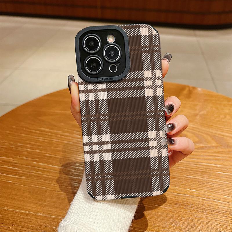 Vertical Grain Leather Shell Fashion Grid Printed Cover Patterned Soft Silicone Case with Camera Lens Full Protection for iPhone