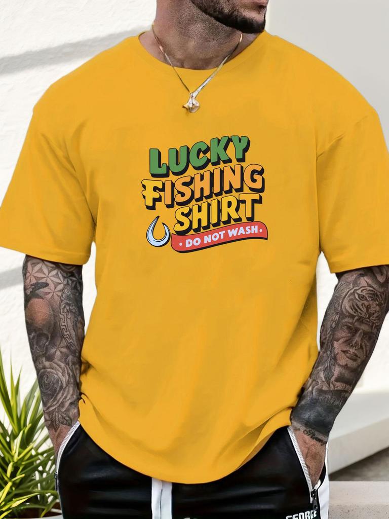 Mens Fishing Tshirt Lucky Fishing Print Short Sleeve Round Neck Breathable Soft Oversized Outdoor Daily Wear Tee