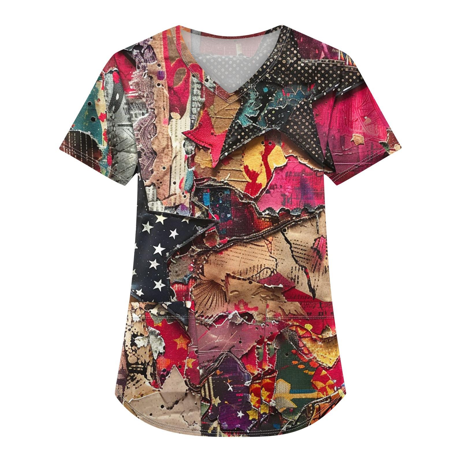 

Плюс размер скраб с принтом Рабочая униформа Топы для женщин V-образным вырезом с принтом ко Дню независимости с короткими рукавами Забавные футболки Спецодежда Футболка с карманами S винный