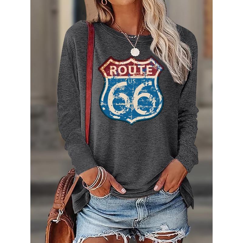 Retro Route 66 Printed Round Neck Festive Elegant Women'S Long Sleeve T-Shirt, Casual Elegant Spring Summer Autumn Winter Outfit