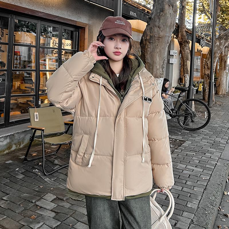 Fake Two Thickened Cotton Clothes Cotton Clothes Women's Winter 2025 New Loose Plus Size Casual Student Padded Jacket with Hood
