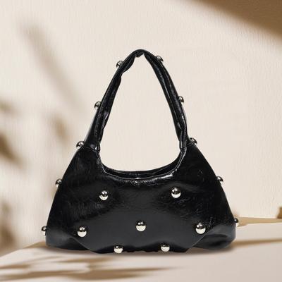 Women PU Studded Shoulder Bag Hasp Closure Punk Underarm Bag Rivet Shoulder Purse Vintage Carrying Bag Slouchy Handbag