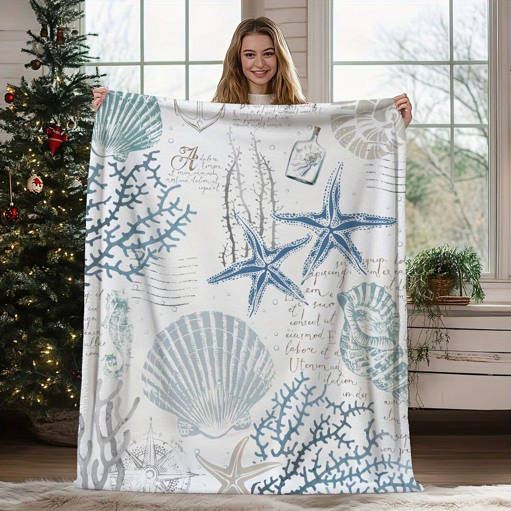 VIKAMA Coastal Nautical Throw Blanket,Starfish Seashell Coral Print Flannel Sofa Cover,Ocean Home Decor Holiday Gift 75X95CM