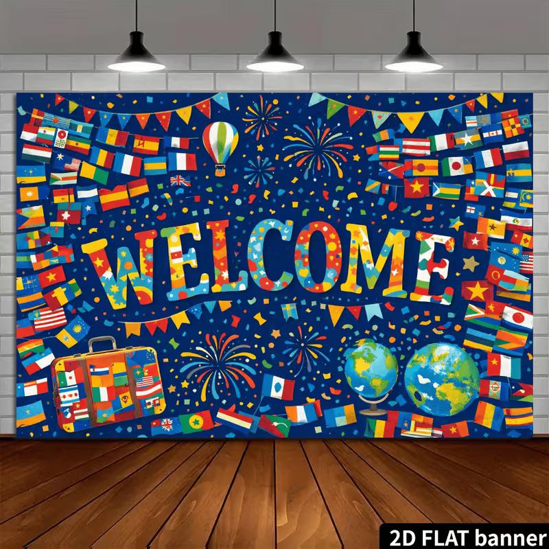 2D World Flags Welcome Backdrop with Globe and Travel Suitcase Design