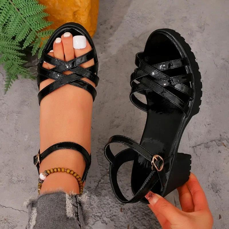 Fashion Ladies Shoes Summer New Narrow Band Buckle Strap Women's Modern Sandals Outdoor Chunky Heel Plus Size Daily Dress Heeled Sandals