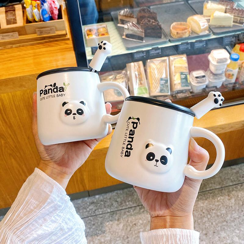 High Value Panda Mug with Lid Spoon Couple Ceramic Cup Children's Home Drinking Water Cup Office Coffee Cup